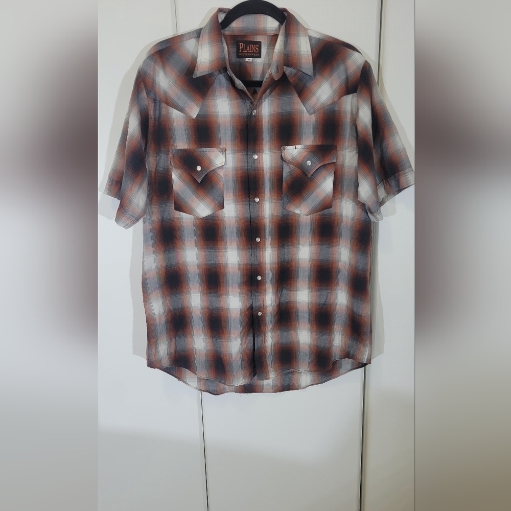 Plains Western Wear Men's Plaid Snap Buttons Shirt sz M
